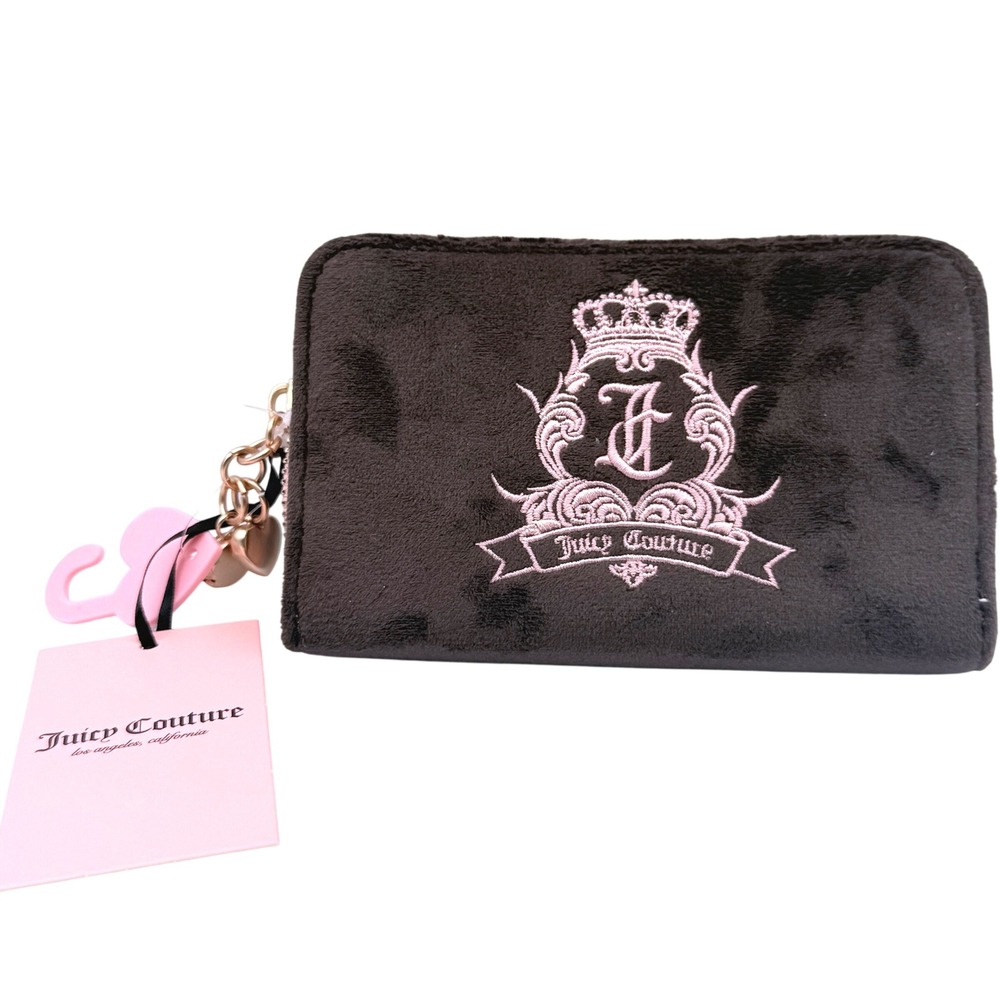 Juicy Couture Wallet Chocolate Brown Velour Pink‎ Crown Embroidered Bifold New